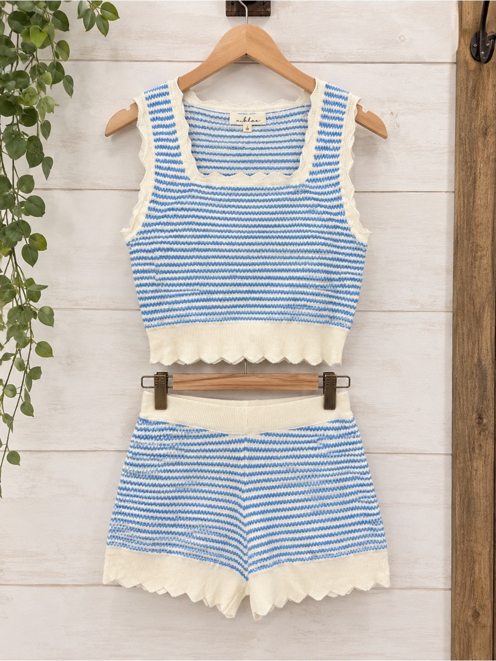 Striped Scallop-Trim Tank & Short Set - Light Blue/White